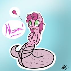 Size: 500x500 | Tagged: safe, artist:microgrid, imported from derpibooru, ruby pinch, lamia, original species, blush sticker, blushing, floating heart, heart, lamiafied, naga pinch, open mouth, ruby naga, solo, species swap