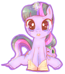 Size: 346x395 | Tagged: safe, artist:pastel-bunny, artist:pasuteru-usagi, imported from derpibooru, spike, twilight sparkle, pony, unicorn, book, cute, duo, female, glowing horn, horn, looking at you, magic, mare, open mouth, outline, simple background, sitting, spikabetes, twiabetes, unicorn twilight, white background