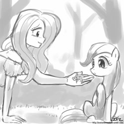 Size: 850x850 | Tagged: safe, artist:johnjoseco, imported from derpibooru, fluttershy, human, pony, grayscale, human ponidox, humanized, monochrome