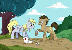 Size: 1147x800 | Tagged: safe, artist:caycowa, imported from derpibooru, derpy hooves, doctor whooves, time turner, pegasus, pony, bandage, bandaid, female, injured, male, mare, stallion