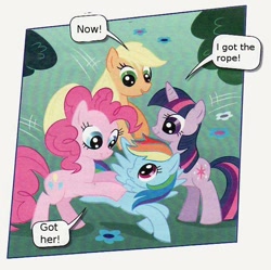 Size: 621x619 | Tagged: safe, imported from derpibooru, applejack, pinkie pie, rainbow dash, twilight sparkle, comic:have a break!, comic:mach mal pause!, comic, german comic, official, out of context, translation