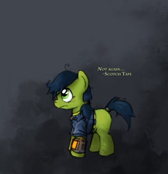 Size: 885x918 | Tagged: safe, artist:fore-trekker, imported from derpibooru, oc, oc only, oc:scotch tape, pony, fallout equestria, fallout equestria: project horizons, clothes, fanfic, fanfic art, female, hooves, jumpsuit, mare, pipbuck, solo, vault suit