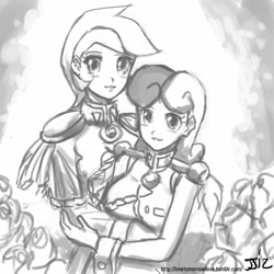 Size: 805x805 | Tagged: safe, artist:johnjoseco, imported from derpibooru, bon bon, lyra heartstrings, sweetie drops, human, anthy himemiya, breasts, busty bon bon, crossover, female, grayscale, hilarious in hindsight, humanized, lesbian, lyrabon, marriage, monochrome, revolutionary girl utena, shipping, utena tenjou, wedding