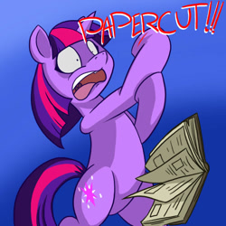 Size: 800x800 | Tagged: safe, artist:watty577, imported from derpibooru, twilight sparkle, pony, unicorn, bipedal, book, female, injured, mare, open mouth, paper cut, papercut, solo, unicorn twilight