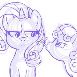 Size: 945x945 | Tagged: source needed, safe, artist:megasweet, imported from derpibooru, rarity, sweetie belle, pony, unicorn, blowing, female, filly, mare, monochrome, simple background, sisters, unamused, white background, you're doing it wrong