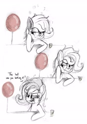 Size: 3672x5253 | Tagged: safe, artist:teknibaal, imported from derpibooru, pony, balloon, bar, bored, comic, dialogue, drunk, female, hoof on cheek, lidded eyes, looking at something, looking sideways, mare, messy mane, partial color, solo