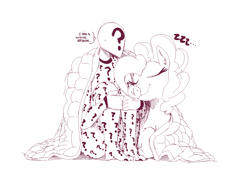 Size: 1400x1050 | Tagged: safe, artist:sunibee, imported from derpibooru, pinkie pie, oc, oc:anon, human, blanket, clothes, cuddling, duo, footed sleeper, monochrome, pajamas, simple background, sketch, sleeping, snuggling, white background, zzz