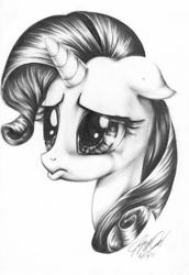 Size: 2189x3173 | Tagged: safe, artist:carlotta-guidicelli, imported from derpibooru, rarity, pony, bust, female, floppy ears, frown, grayscale, high res, monochrome, pencil drawing, portrait, pouting, sad, solo, traditional art