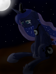 Size: 1500x2000 | Tagged: safe, artist:efrejok, imported from derpibooru, princess luna, pony, crying, female, moon, night, sitting, solo