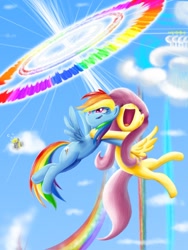 Size: 1200x1600 | Tagged: safe, artist:forevernyte, imported from derpibooru, derpy hooves, fluttershy, rainbow dash, pegasus, pony, excited, female, flutterdash, happy, lesbian, mare, shipping, sonic rainboom