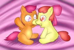 Size: 750x500 | Tagged: safe, artist:lamia, imported from derpibooru, apple bloom, scootaloo, boop, cute, younger