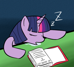 Size: 917x831 | Tagged: safe, artist:lamia, imported from derpibooru, twilight sparkle, pony, book, drool, eyes closed, female, mare, sleeping, snoring, solo, zzz