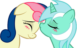 Size: 2324x1461 | Tagged: safe, artist:kennyklent, imported from derpibooru, bon bon, lyra heartstrings, sweetie drops, earth pony, pony, unicorn, base used, blushing, duo, female, forehead kiss, kissing, lesbian, lyrabon, mare, shipping, simple background, transparent background