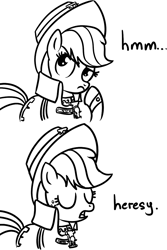 Size: 763x1140 | Tagged: safe, artist:miketheuser, imported from derpibooru, applejack, comic, crossover, dialogue, heresy, imperium, inquisition, inquisitor, monochrome, reaction image, simple background, warhammer (game), warhammer 40k, white background