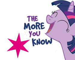 Size: 499x403 | Tagged: safe, imported from derpibooru, twilight sparkle, pony, bust, eyes closed, female, happy, reaction image, simple background, smiling, solo, stars, text, the more you know