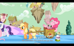 Size: 1024x640 | Tagged: safe, imported from derpibooru, screencap, applejack, pinkie pie, rarity, the return of harmony, youtube caption
