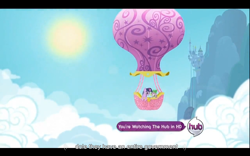 Size: 1024x640 | Tagged: safe, edit, edited screencap, imported from derpibooru, screencap, spike, twilight sparkle, lesson zero, caption, hot air balloon, hub logo, intro, opening, youtube caption