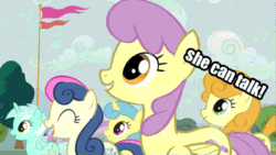 Size: 400x225 | Tagged: safe, edit, edited screencap, imported from derpibooru, screencap, bon bon, carrot top, derpy hooves, golden harvest, lemon hearts, lyra heartstrings, rainbow dash, sweetie drops, pegasus, pony, season 2, the last roundup, a fish called selma, animated, caption, eyes closed, female, impact font, mare, simpsons did it, the simpsons