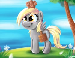 Size: 825x638 | Tagged: safe, artist:bunnimation, imported from derpibooru, derpy hooves, pegasus, pony, female, filly, foal, food, muffin, saddle bag, smiling, solo, sparkling, younger
