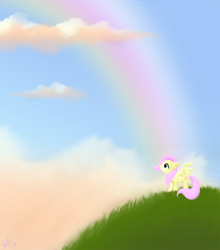 Size: 1200x1361 | Tagged: safe, artist:macflash2, imported from derpibooru, fluttershy, pegasus, pony, female, grass, looking up, mare, outdoors, profile, rainbow, sky, solo, spread wings, wings