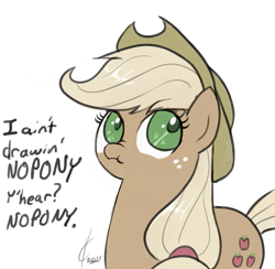 Size: 829x808 | Tagged: safe, artist:valcron, imported from derpibooru, applejack, pony, female, liar face, liarjack, scrunchy face, simple background, solo
