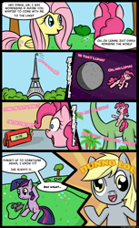 Size: 900x1468 | Tagged: safe, artist:speccysy, imported from derpibooru, derpy hooves, fluttershy, pinkie pie, twilight sparkle, dinosaur, pegasus, pony, comic, female, mare