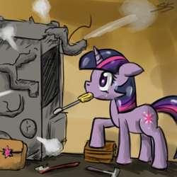Size: 900x900 | Tagged: dead source, safe, artist:speccysy, imported from derpibooru, twilight sparkle, pony, unicorn, female, mare, mouth hold, screwdriver, server, solo, toothbrush, unicorn twilight