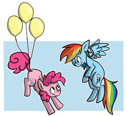 Size: 796x730 | Tagged: safe, artist:barpoet, imported from derpibooru, pinkie pie, rainbow dash, balloon, flying, then watch her balloons lift her up to the sky
