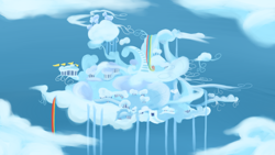 Size: 900x506 | Tagged: safe, artist:speccysy, imported from derpibooru, background, city, cloud, cloudsdale, rainbow waterfall, scenery, sky
