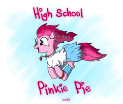 Size: 1926x1633 | Tagged: safe, artist:junkiekb, imported from derpibooru, pinkie pie, earth pony, pony, clothes, female, heart, high school, jewelry, necklace, solo, teenager, windswept mane