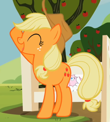 Size: 618x688 | Tagged: safe, imported from derpibooru, screencap, applejack, sheep, sisterhooves social, cropped, eyes closed, female, raised hoof, solo