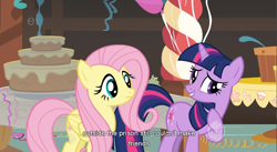 Size: 854x469 | Tagged: safe, imported from derpibooru, screencap, fluttershy, twilight sparkle, pegasus, pony, unicorn, a bird in the hoof, duo, duo female, ei, female, hub logo, logo, the hub, unicorn twilight, youtube caption