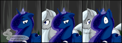 Size: 1280x448 | Tagged: safe, imported from derpibooru, princess luna, oc, oc:stormfront, context in comments, floppy ears, frown, glare, sad, stories from the front, wide eyes