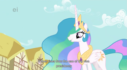 Size: 853x472 | Tagged: safe, edit, edited screencap, imported from derpibooru, screencap, princess celestia, alicorn, pony, caption, female, mare, politics, solo, text, youtube caption