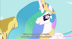 Size: 855x472 | Tagged: safe, edit, edited screencap, imported from derpibooru, screencap, princess celestia, alicorn, pony, caption, female, mare, solo, text, youtube caption