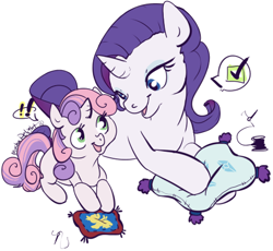 Size: 499x459 | Tagged: safe, artist:clovercoin, imported from derpibooru, rarity, sweetie belle, pony, unicorn, duo, duo female, female, filly, mare, pillow, sisters