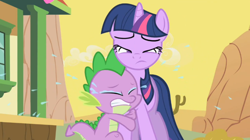 Size: 800x448 | Tagged: safe, imported from derpibooru, screencap, spike, twilight sparkle, dragon, unicorn, over a barrel, season 1, crying, duo, eyes closed, hug, leg hug, mid-blink screencap, unicorn twilight