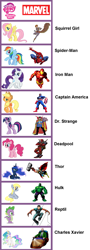 Size: 1027x2853 | Tagged: safe, imported from derpibooru, applejack, derpy hooves, fluttershy, pinkie pie, princess celestia, princess luna, rainbow dash, rarity, twilight sparkle, pegasus, pony, captain america, comparison, crossover, deadpool, doctor strange, female, iron man, mare, marvel, mlp chart, professor x, reptil, spider-man, squirrel girl, the incredible hulk, thor