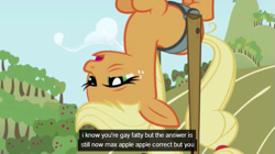 Size: 639x359 | Tagged: safe, edit, edited screencap, imported from derpibooru, screencap, applejack, earth pony, pony, applebuck season, caption, female, frown, gay fatty, mare, open mouth, solo, text, tired, upside down, youtube caption