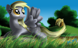 Size: 1680x1050 | Tagged: safe, artist:mderp, imported from derpibooru, derpy hooves, pegasus, pony, female, mare, muffin, prehensile tail, solo, tail hold