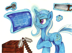 Size: 2500x1864 | Tagged: safe, artist:jamescorck, imported from derpibooru, trixie, pony, unicorn, blueprint, crosscut saw, crossover, female, hammer, levitation, magic, minecraft, nails, nose wrinkle, pickaxe, raised hoof, saw, simple background, solo, telekinesis, trixie's wagon, wavy mouth, white background