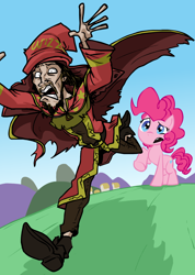 Size: 800x1125 | Tagged: safe, artist:ian samson, imported from derpibooru, pinkie pie, human, crossover, discworld, rincewind, running, wizard