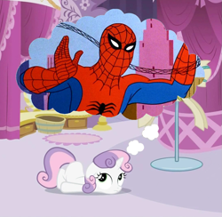 Size: 1085x1061 | Tagged: safe, edit, edited screencap, imported from derpibooru, screencap, sweetie belle, human, sisterhooves social, 60s spider-man, cropped, meme, spider-man, thought bubble