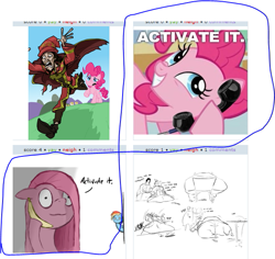 Size: 603x570 | Tagged: safe, artist:qsteel, imported from derpibooru, screencap, pinkie pie, derpibooru, activate it, banana, exploitable meme, juxtaposition, juxtaposition win, meme, meta, phone, pinkamena diane pie