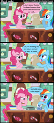 Size: 683x1536 | Tagged: safe, artist:coltsteelstallion, imported from derpibooru, pinkie pie, rainbow dash, earth pony, pegasus, comic, dialogue, facehoof, female, food, grammar error, mare, misspelling, misunderstanding, salt, speech bubble, sugarcube corner, sugarcube corner (interior), text