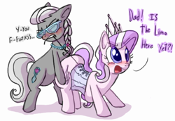 Size: 862x592 | Tagged: safe, artist:secretgoombaman12345, imported from derpibooru, diamond tiara, silver spoon, earth pony, pony, ask chubby diamond, blushing, butt touch, clothes, corset, fat, female, filly, foal, glasses, mouth hold, tail, tail aside, vulgar