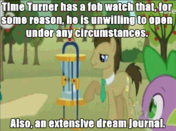 Size: 593x443 | Tagged: safe, edit, edited screencap, imported from derpibooru, screencap, doctor whooves, spike, time turner, dragon, earth pony, pony, the super speedy cider squeezy 6000, doctor who, gif, headcanon, hourglass, john smith, male, non-animated gif, stallion, the doctor