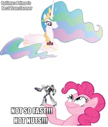 Size: 1008x1188 | Tagged: safe, imported from derpibooru, pinkie pie, princess celestia, hot nuts, megatron, optilestia, optimus prime, transformers