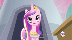 Size: 1366x768 | Tagged: safe, imported from derpibooru, screencap, princess cadance, pony, a canterlot wedding, female, hub logo, solo, youtube caption, youtube link