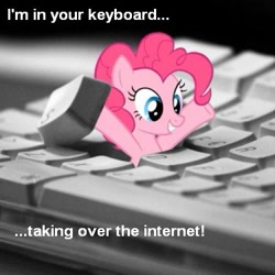 Size: 375x375 | Tagged: safe, imported from derpibooru, pinkie pie, earth pony, pony, arms in the air, artifact, bronybait, caption, female, grin, happy, i hid in your keyboard, image macro, irl, join the herd, keyboard, looking down, mare, meme, photo, ponibooru, smiling, solo, welcome to the herd